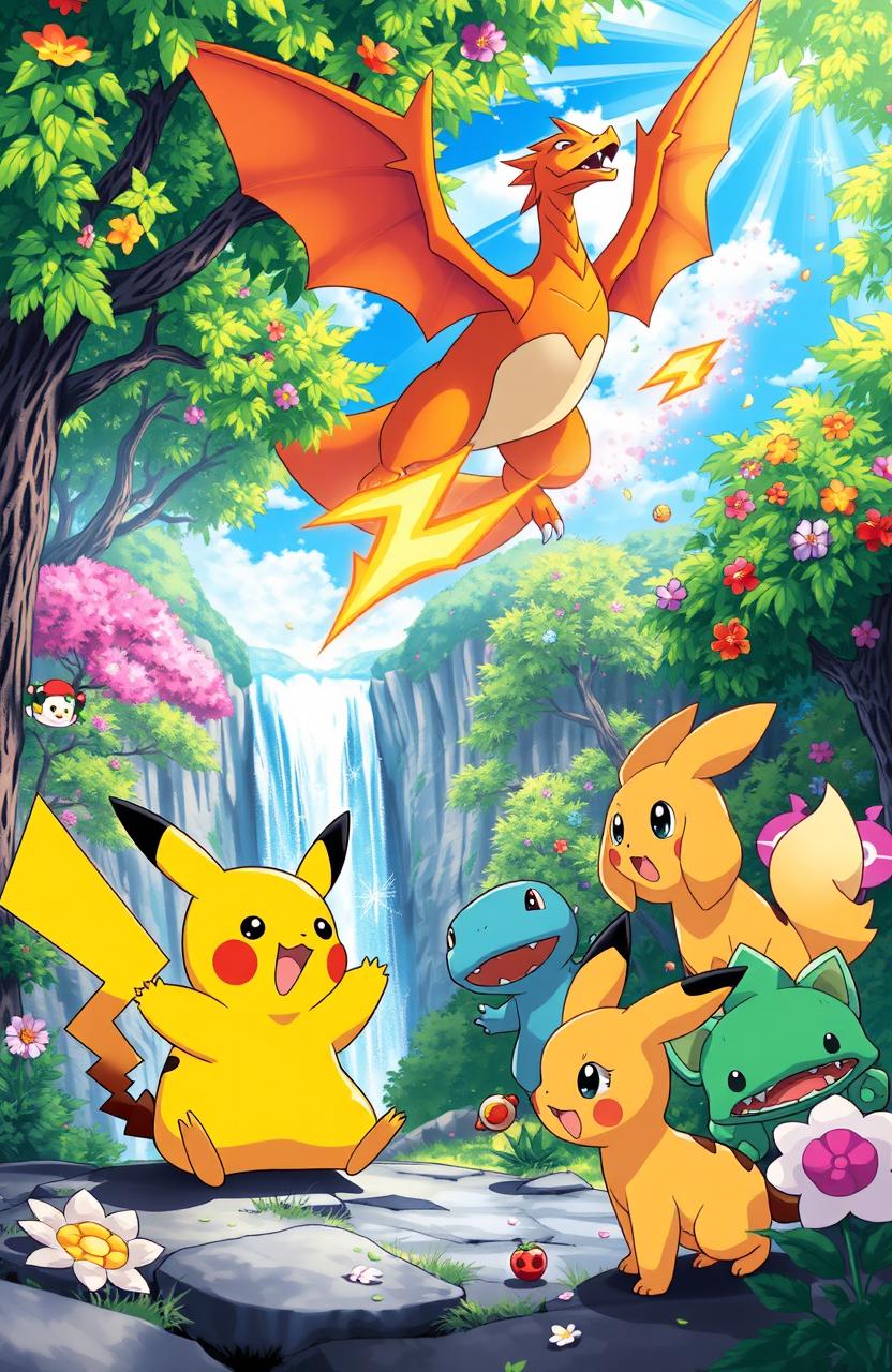 A vibrant and dynamic scene depicting a variety of Pokémon in an enchanting forest setting