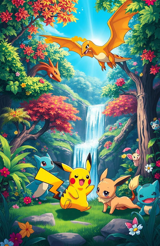 A vibrant and dynamic scene depicting a variety of Pokémon in an enchanting forest setting