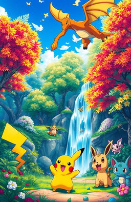 A vibrant and dynamic scene depicting a variety of Pokémon in an enchanting forest setting