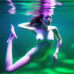 This high-resolution digital art image, captured with a Reflex Nikon, presents a young woman swimming underwater