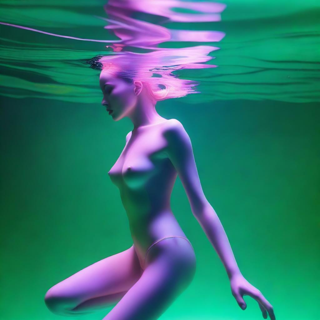 This high-resolution digital art image, captured with a Reflex Nikon, presents a young woman swimming underwater