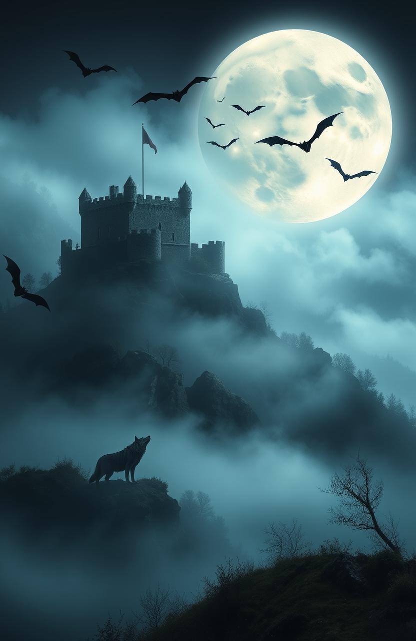 A mystical full moon night depicting a foggy landscape with an old fortress perched atop a mountain peak
