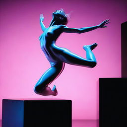 A high-resolution digital art image, captured with the clarity of a Reflex Nikon, portrays a young naked woman leaping from a black cube