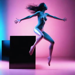 A high-resolution digital art image, captured with the clarity of a Reflex Nikon, portrays a young naked woman leaping from a black cube