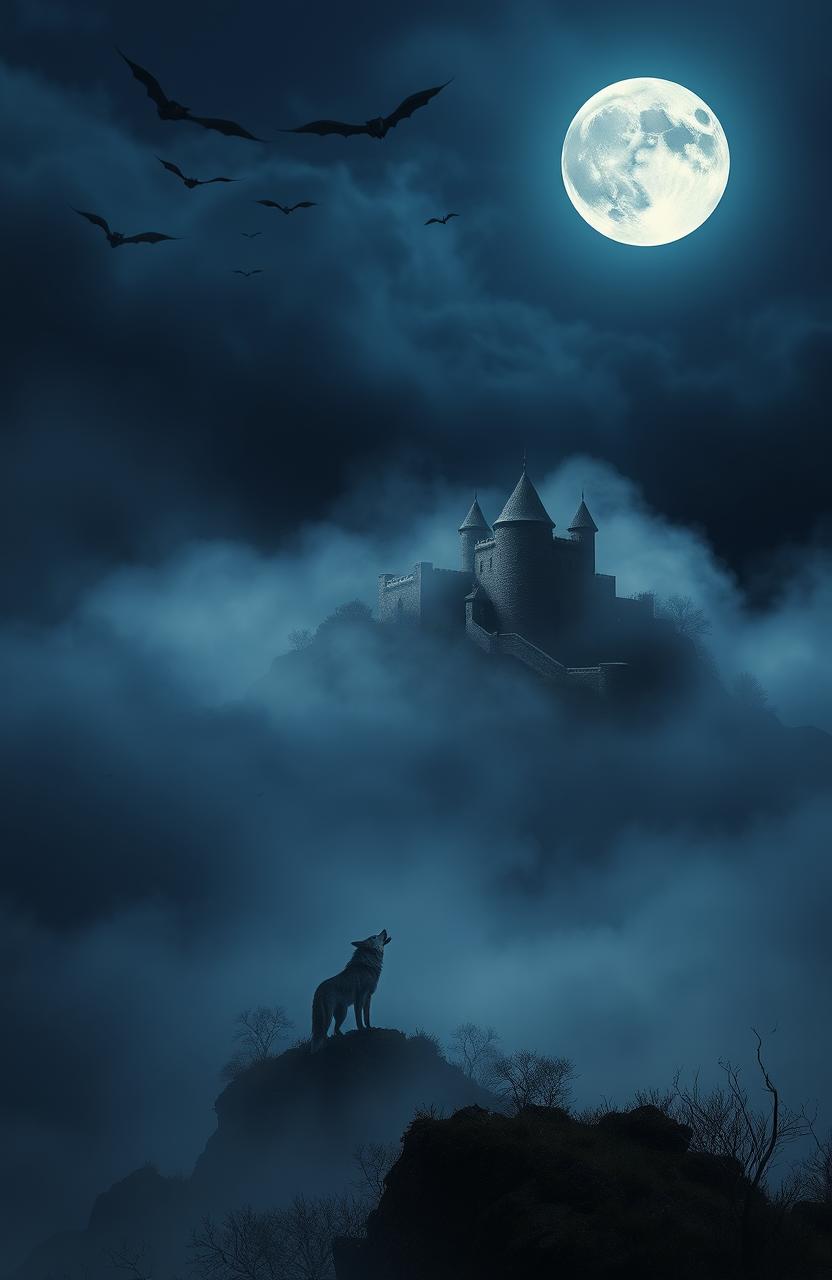 A mystical scene on a full moon night, with a dense fog surrounding an ancient fortress perched atop a mountain peak