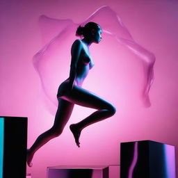 A high-resolution digital art image, captured with the clarity of a Reflex Nikon, portrays a young naked woman leaping from a black cube