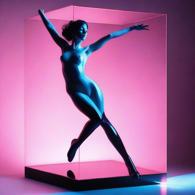 A high-resolution digital art image, captured with the clarity of a Reflex Nikon, portrays a young naked woman leaping from a black cube