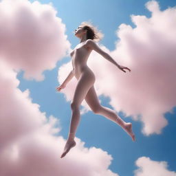 This high-resolution digital art image, taken with the precision of a Reflex Nikon, captures a young naked woman mid-leap from a cloud in the sky