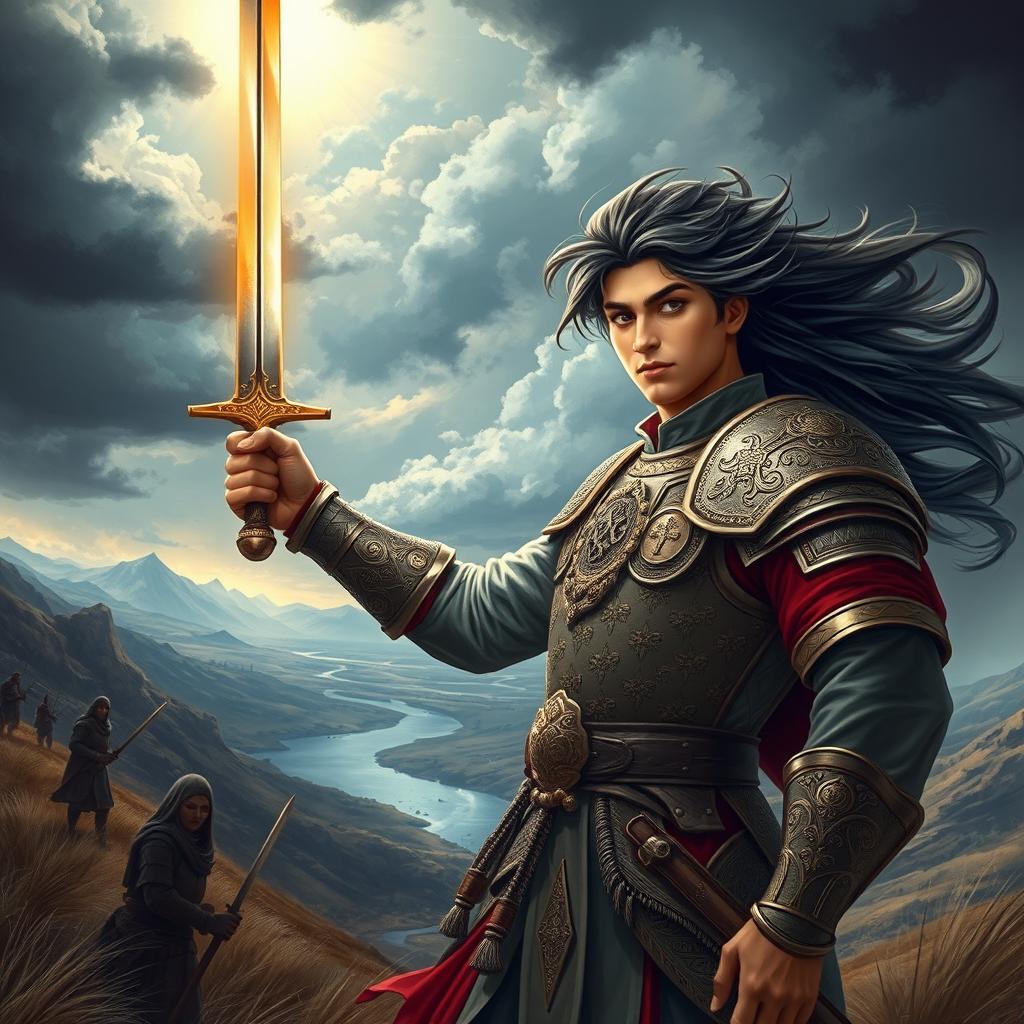 A majestic portrayal of Sohrab, the tragic hero from the Shahnameh, depicted as a young warrior with striking features and a noble yet somber expression