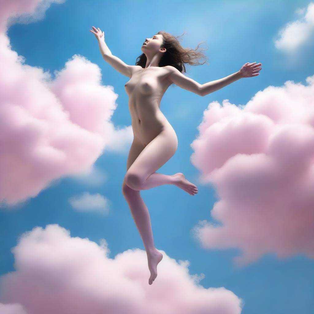 This high-resolution digital art image, taken with the precision of a Reflex Nikon, captures a young naked woman mid-leap from a cloud in the sky