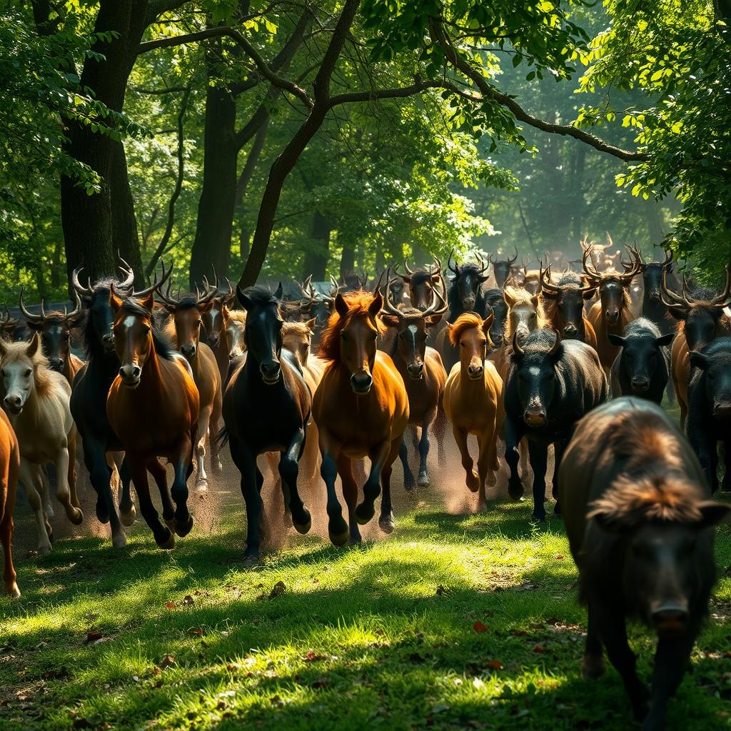 A dramatic stampede of various animals, including majestic horses, deer, and wild boars, charging through a lush green forest