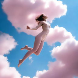 This high-resolution digital art image, taken with the precision of a Reflex Nikon, captures a young naked woman mid-leap from a cloud in the sky