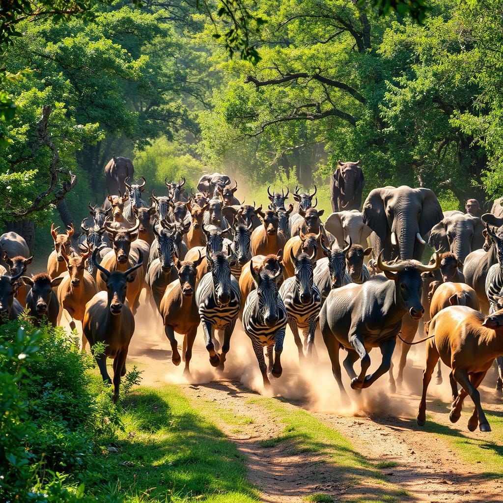 A dynamic and dramatic scene depicting a stampede of various wild animals charging through a lush green forest