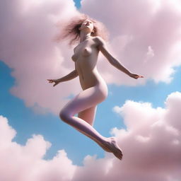 This high-resolution digital art image, taken with the precision of a Reflex Nikon, captures a young naked woman mid-leap from a cloud in the sky