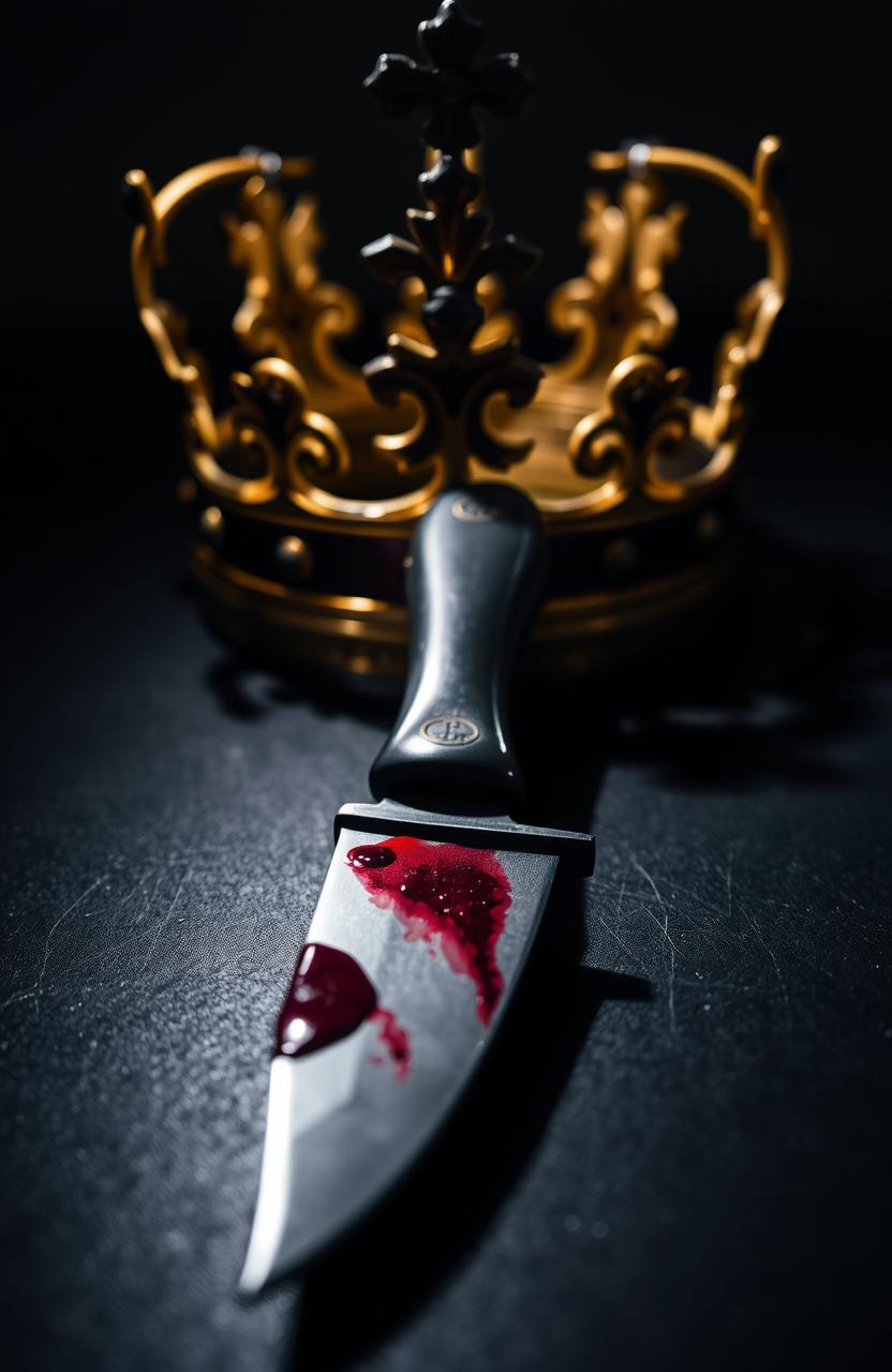 A dramatic composition featuring a knife with blood on it resting on a dark surface, with a regal crown positioned behind it, symbolizing power and danger