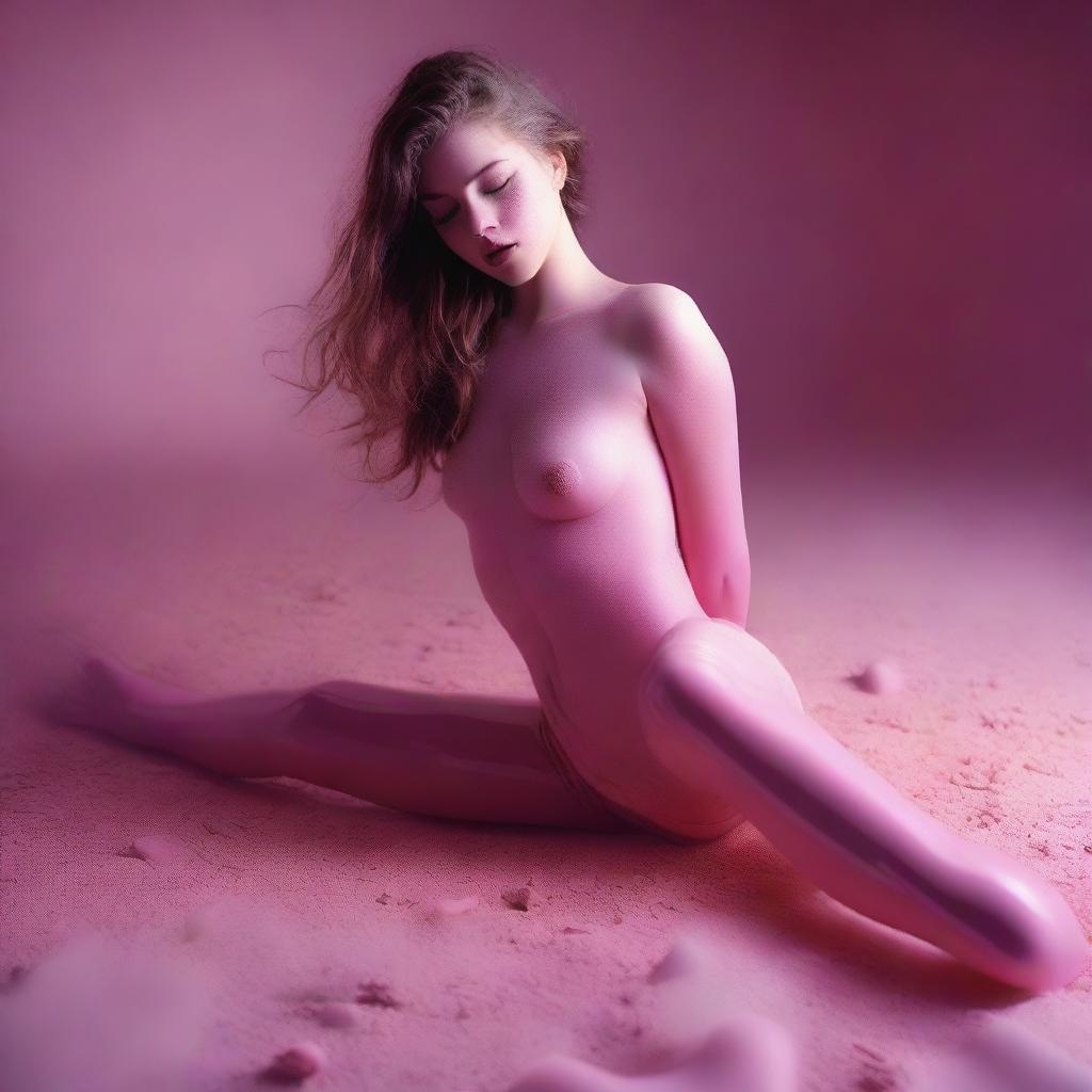 In this high-resolution digital art image, taken with the precision of a Reflex Nikon, a young woman is depicted rolling in the dust