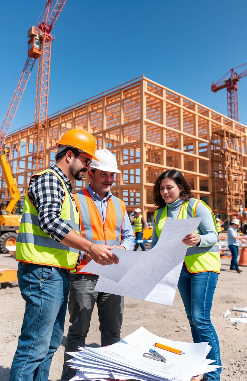 A dynamic construction management scene showcasing a diverse team of professionals collaborating on a construction site