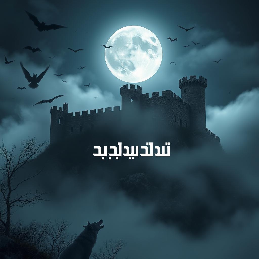 A hauntingly beautiful scene set on a full moon night, showcasing an ancient fortress atop a mountain peak surrounded by a thick, mysterious fog