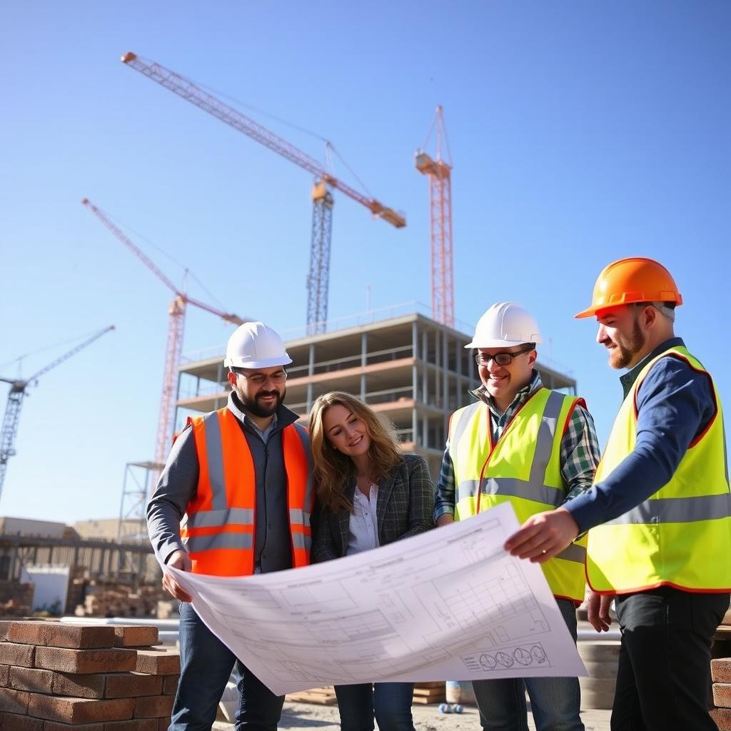 An architectural scene featuring a construction management setup with a diverse team of professionals including a male project manager, a female architect, and a male engineer discussing blueprints on a construction site