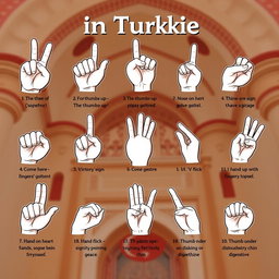 A collage of 10 unique gestures used in Türkiye, each accompanied by a brief definition