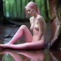 This high-resolution digital art image, captured with the precision of a Reflex Nikon, portrays a young naked woman rolling in mud amidst a forest setting