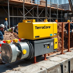 A realistic image depicting equipment used for shoring works, prominently labeled with the name 'TerraCore