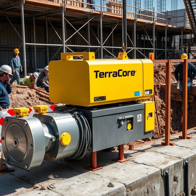 A realistic image depicting equipment used for shoring works, prominently labeled with the name 'TerraCore