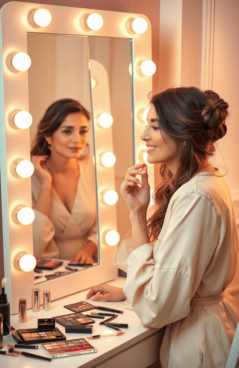 A woman in a beautifully lit vanity room, looking at her reflection in a stylish mirror