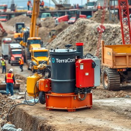 A vivid and realistic image showcasing equipment used in dewatering operations, prominently labeled with the name 'TerraCore
