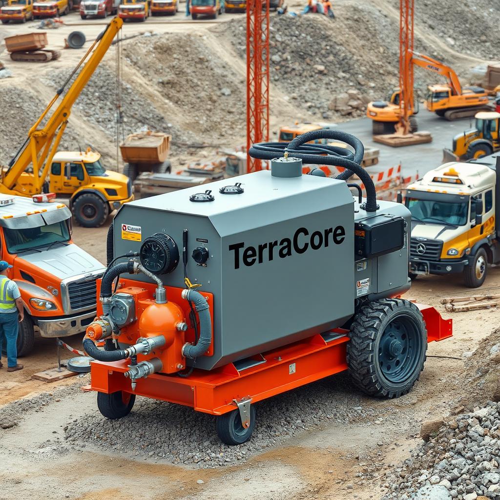 A vivid and realistic image showcasing equipment used in dewatering operations, prominently labeled with the name 'TerraCore