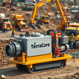 A vivid and realistic image showcasing equipment used in dewatering operations, prominently labeled with the name 'TerraCore