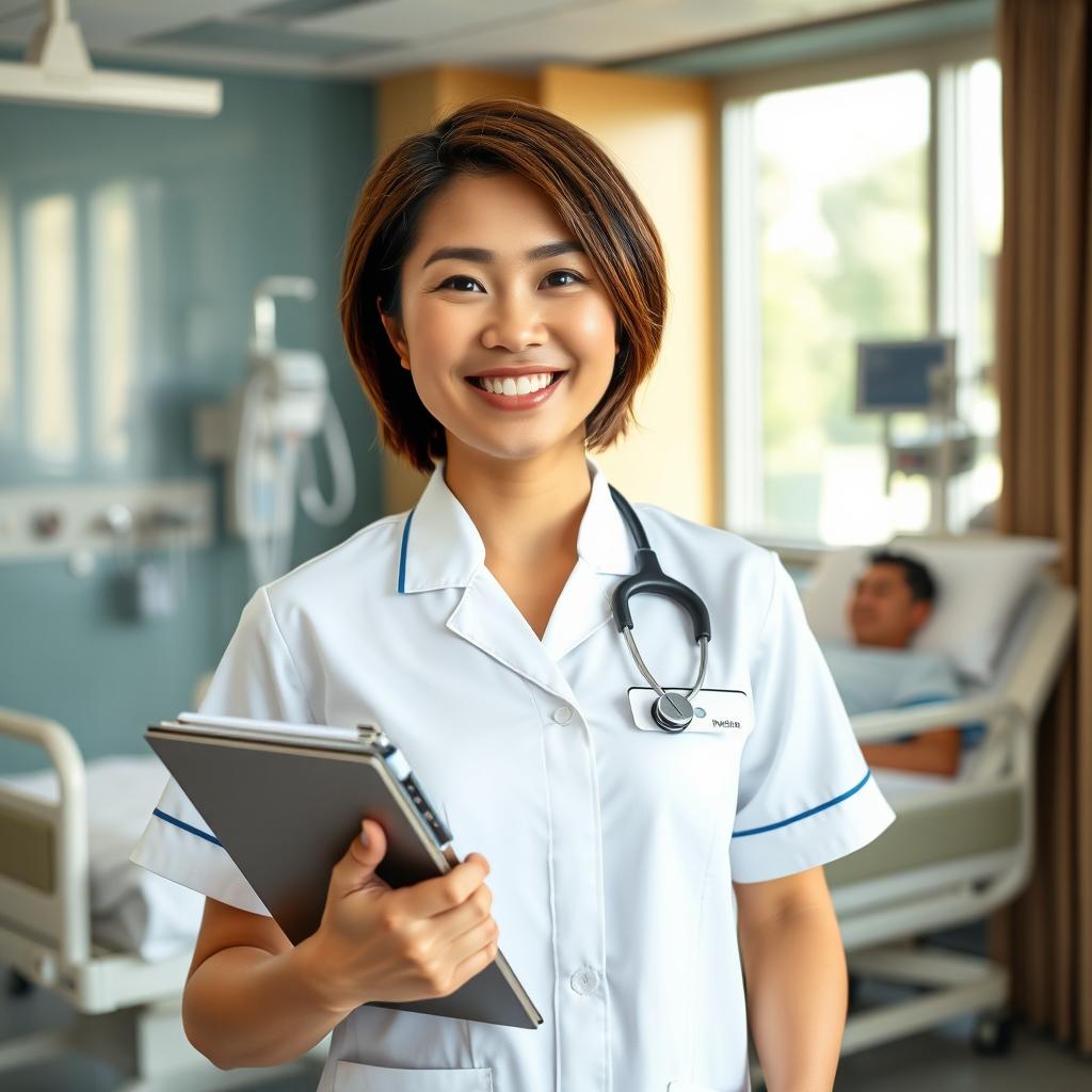 A dedicated nurse in a hospital setting, wearing a crisp white uniform with a name badge, holding a clipboard and smiling warmly