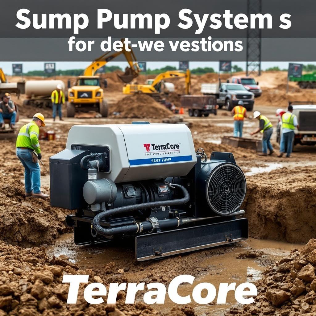 A realistic and detailed image showcasing a Sump Pump System used in dewatering operations, prominently labeled with the name 'TerraCore