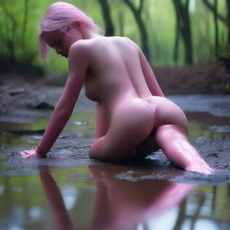 A high-resolution digital art image, captured with a Reflex Nikon, showcases a young naked woman joyously rolling in the mud