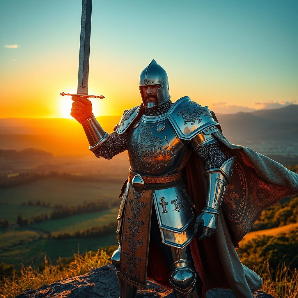 A majestic knight clad in shining armor, standing valiantly on a hilltop overlooking a picturesque medieval landscape