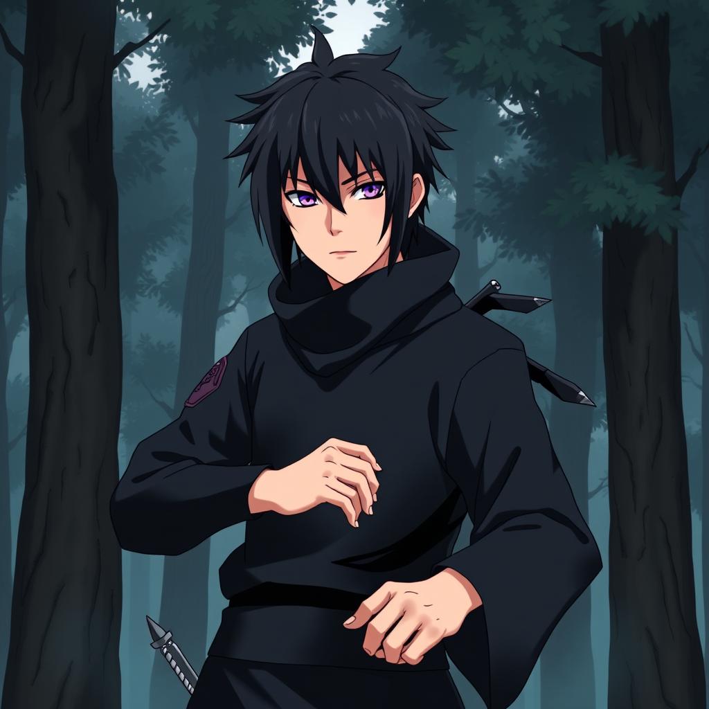 A male shinobi character in the Naruto art style, dressed in black attire that blends seamlessly with the dark forest surroundings