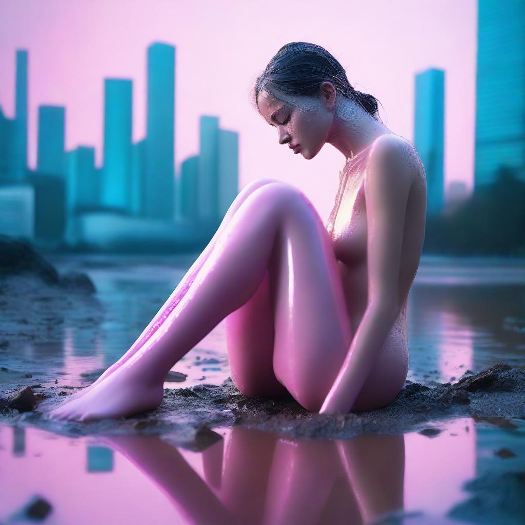 A high-resolution digital art image, captured with the precision of a Reflex Nikon, features a young naked woman rolling in mud by a lake, situated within a futuristic city