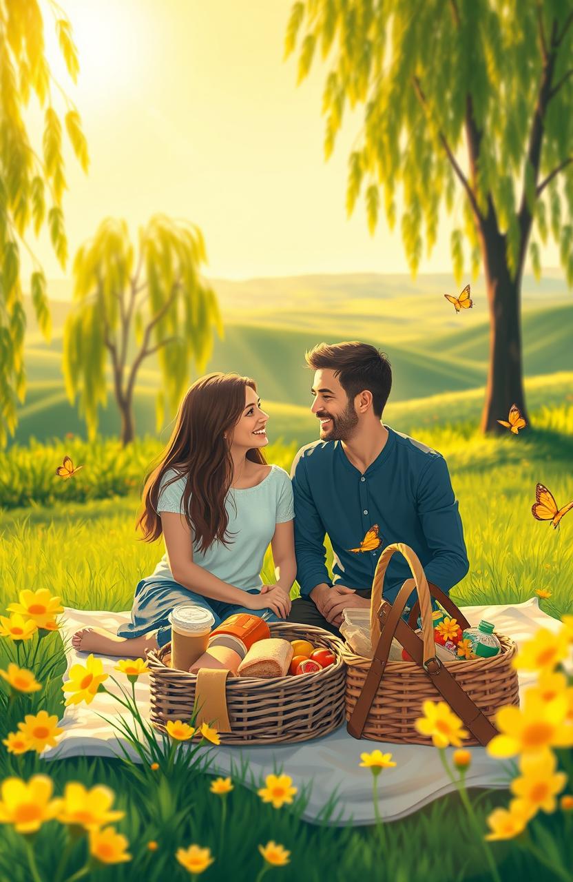 A cute, romantic scene featuring a couple sitting on a picnic blanket in a lush green park during the golden hour