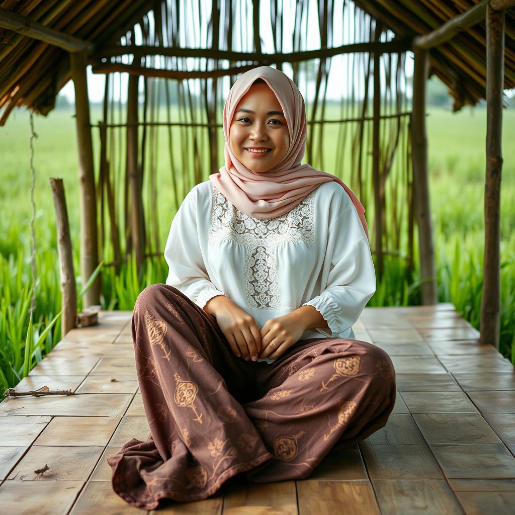 A casual photo resembling an amateur shot from a standard mobile phone, featuring an Indonesian woman wearing a soft pink hijab and a loose white top accented with lace at the chest