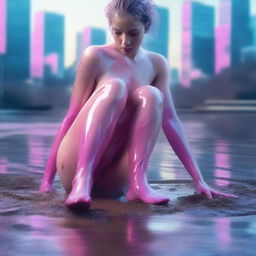 A high-resolution digital art image, captured with the precision of a Reflex Nikon, features a young naked woman rolling in mud by a lake, situated within a futuristic city