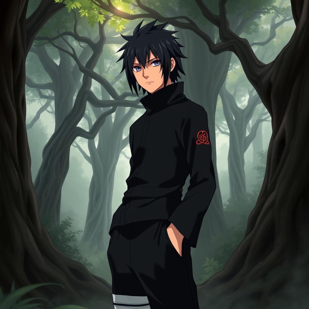 A male shinobi in the Naruto art style, dressed in a sleek black outfit that blends with the shadows of a dark forest