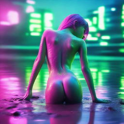 This high-resolution digital art image, captured with the precision of a Reflex Nikon, showcases a young naked woman rolling in the mud by a lake within a futuristic city