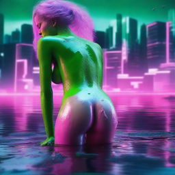 This high-resolution digital art image, captured with the precision of a Reflex Nikon, showcases a young naked woman rolling in the mud by a lake within a futuristic city