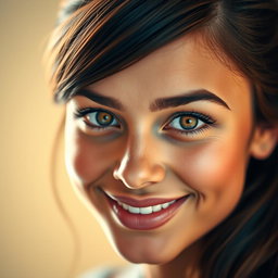 A striking portrait of a person with beautifully symmetrical eyes, featuring a radiant smile and captivating expression