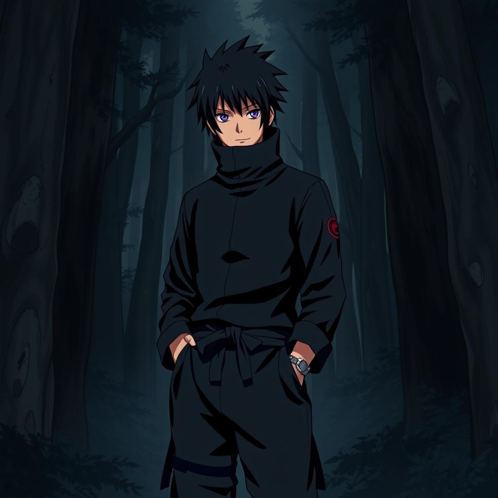 A male shinobi character in the Naruto art style, dressed entirely in black with shaggy black hair and striking amethyst eyes