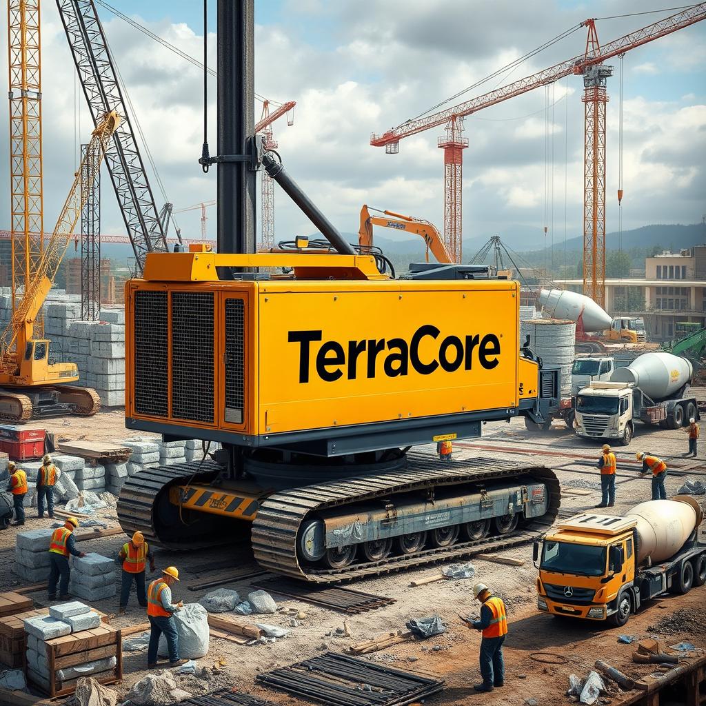 A detailed and realistic image of piling equipment prominently labeled with the name 'TerraCore