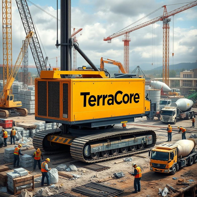 A detailed and realistic image of piling equipment prominently labeled with the name 'TerraCore