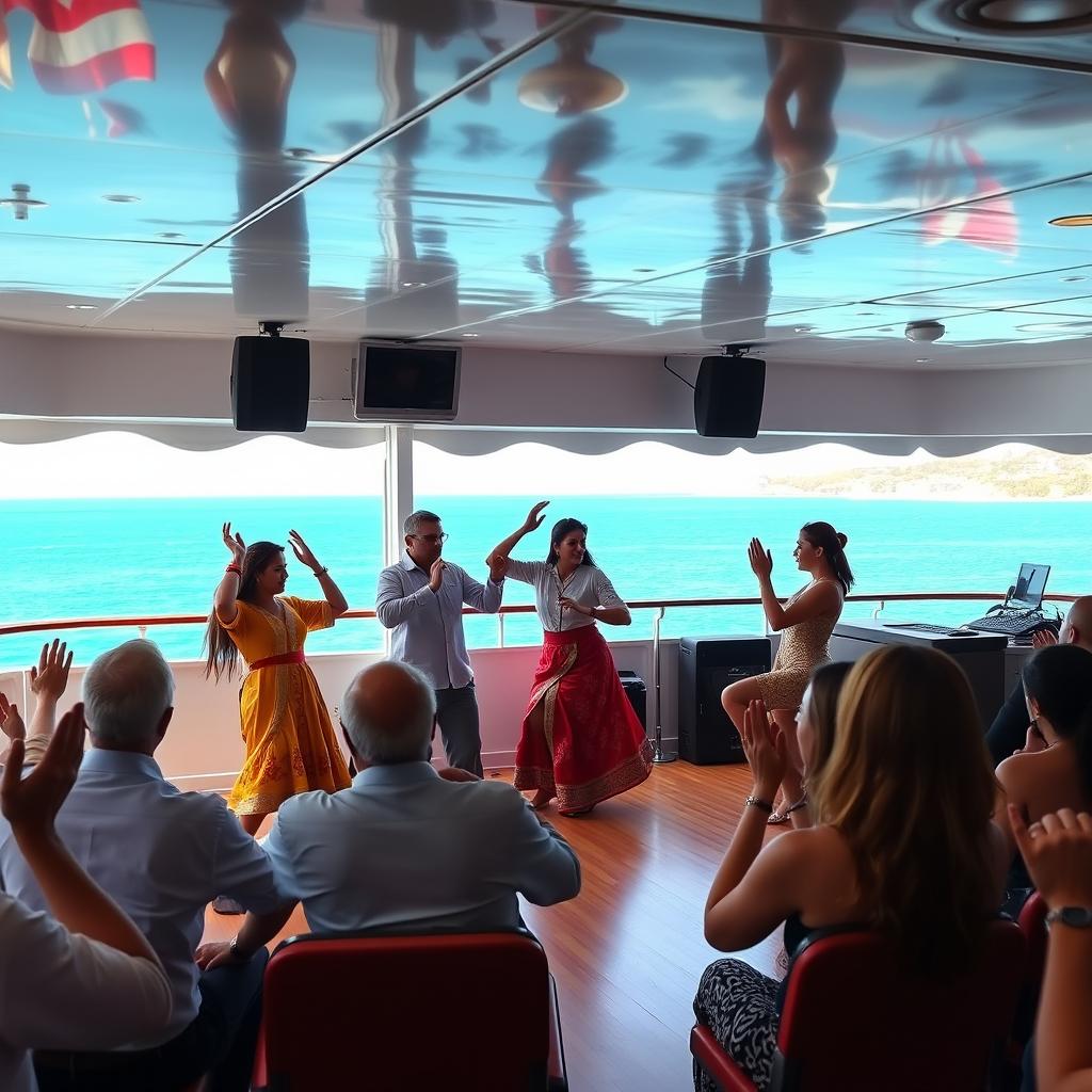 A vibrant scene on a Turkish cruise ship, with Iranian dancers energetically performing to the tunes of a DJ