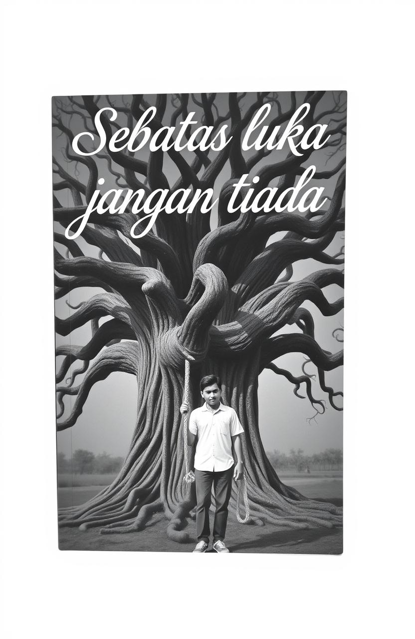 A black and white book cover featuring a young man standing prominently in front of a large, intricate tree