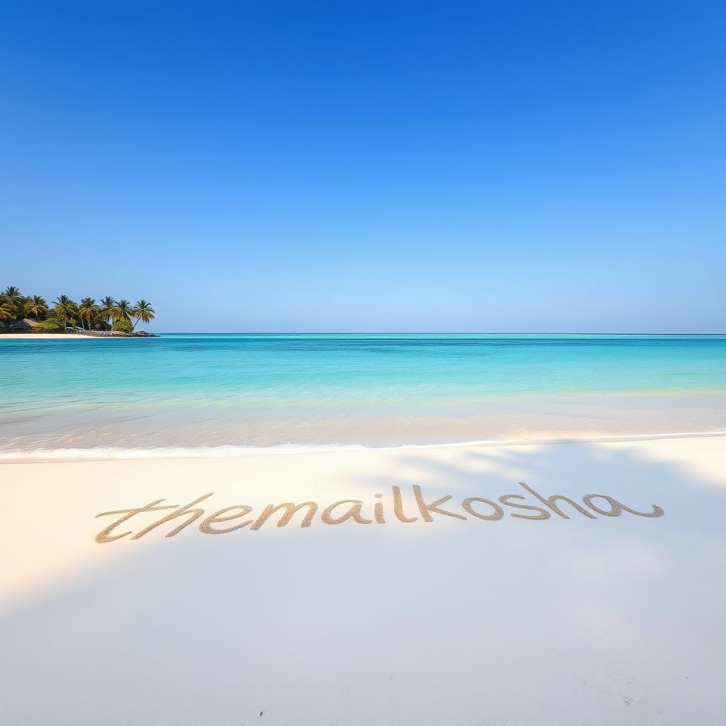 The word 'themalikosha' beautifully written in intricate sand lettering on a pristine white sand beach in the Maldives